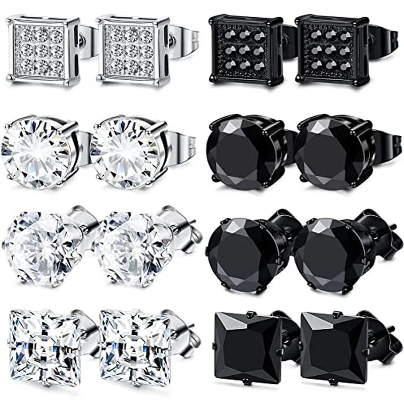 Unisex Stainless Steel Cubic Zirconia Stud Earrings Set (1–8 Pairs) – 6mm Minimalist Ear Piercing Jewelry for Men & Women