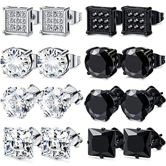 Unisex Stainless Steel Cubic Zirconia Stud Earrings Set (1–8 Pairs) – 6mm Minimalist Ear Piercing Jewelry for Men & Women