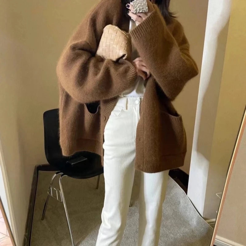 Korean Black V-Neck Knitted Cardigan – Single-Breasted Long Sleeve Loose Casual Women’s Sweater