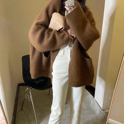 Korean Black V-Neck Knitted Cardigan – Single-Breasted Long Sleeve Loose Casual Women’s Sweater