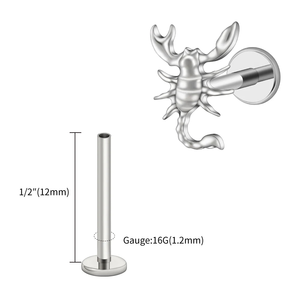 Right Grand ASTM F136 Titanium 16G Scorpion Labret Stud Earring – Flatback Zodiac Design for Tragus, Helix & Cartilage Piercing Body Jewelry