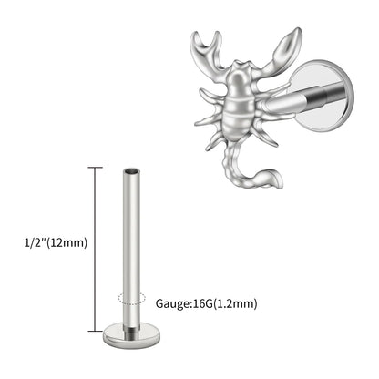 Right Grand ASTM F136 Titanium 16G Scorpion Labret Stud Earring – Flatback Zodiac Design for Tragus, Helix & Cartilage Piercing Body Jewelry