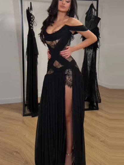 Elegant Lace Patchwork Strapless Dress – Sexy Off-Shoulder High Waist Long Skirt Y2K Gothic Party Gown