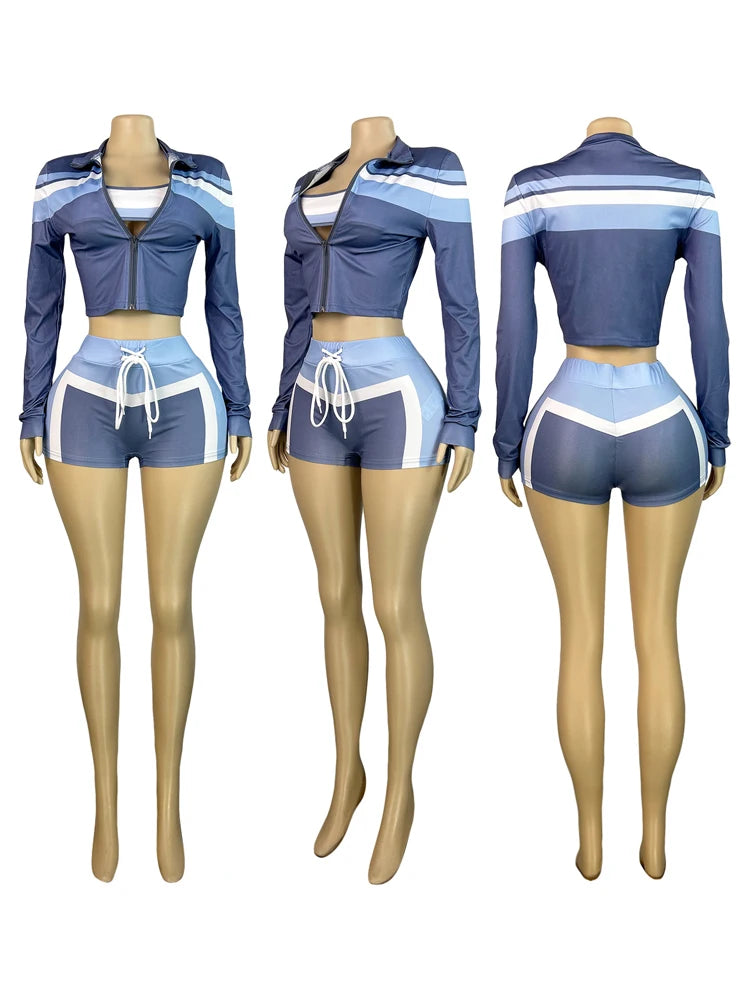 2025 Trending Women’s Summer 3-Piece Tracksuit – Color Block Sports Bra, Jacket & Shorts Gym Workout Set