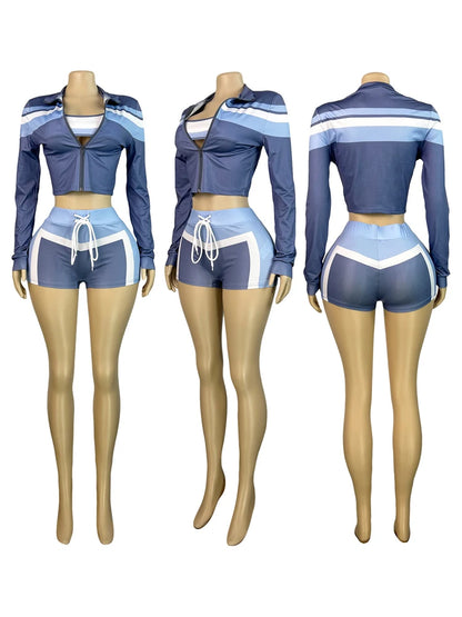 2025 Trending Women’s Summer 3-Piece Tracksuit – Color Block Sports Bra, Jacket & Shorts Gym Workout Set