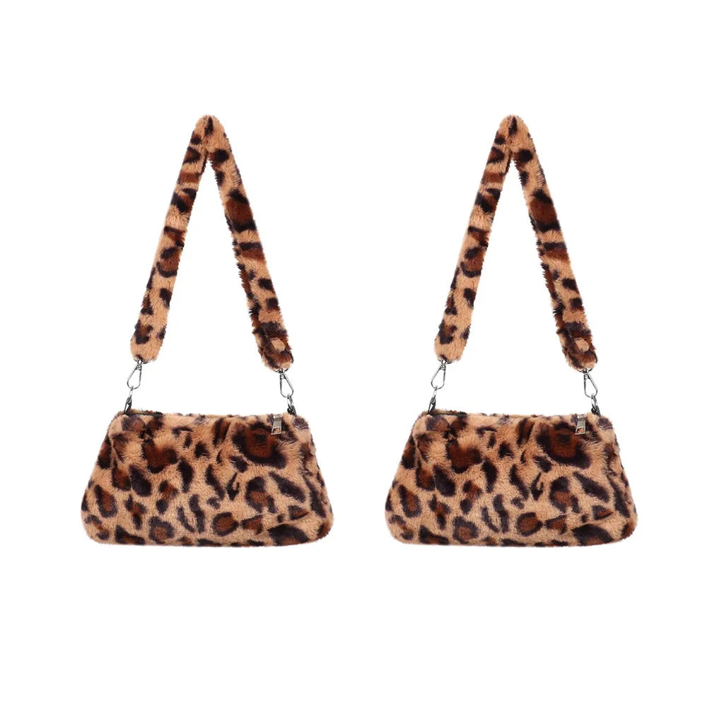 Women’s Leopard Plush Shoulder Bag - Animal Print Underarm Crossbody Messenger Bag for Casual Everyday Style
