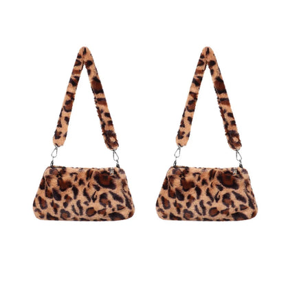 Women’s Leopard Plush Shoulder Bag - Animal Print Underarm Crossbody Messenger Bag for Casual Everyday Style