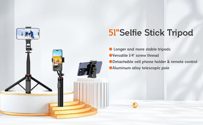 130cm Selfie Stick Tripod – Portable Retractable Smartphone Tripod Stand with Wireless Remote Control