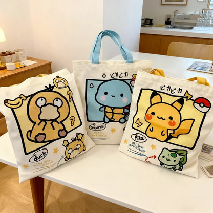 Pokemon Canvas Shoulder Bag - Pikachu Psyduck Squirtle Large Capacity Reusable Casual Handbag for Women Shopping