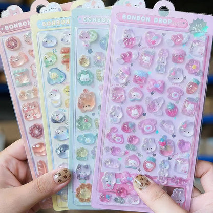 Kawaii 3D Jelly Resin Stickers - Cute Sparkling Transparent Cartoon Decals for Scrapbooking and DIY Decor