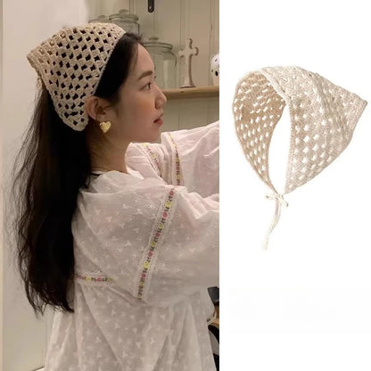 Women’s Beige Crochet Hair Scarf - Sheer Mesh Triangle Bandana Retro Headwrap & Neck Accessory