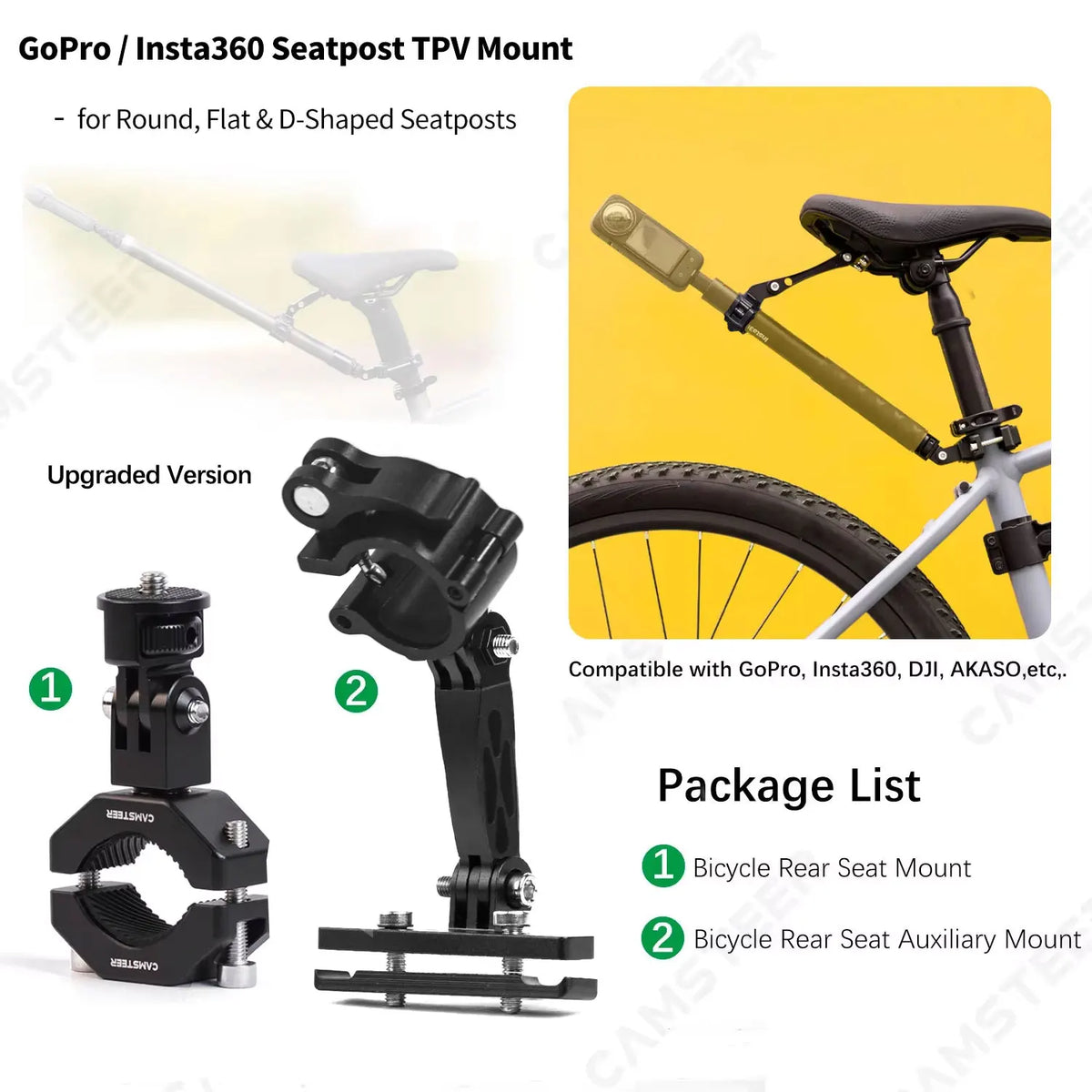 Camsteer Bicycle Seat Post Camera Mount - 3rd Person View Holder for GoPro, Insta360 & DJI Cameras