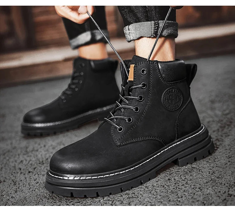 High Top Leather Boots for Men & Women – Fashion Lace-Up Outdoor Sneakers, Non-Slip Casual Ankle Shoes for Couples