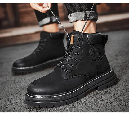 High Top Leather Boots for Men & Women – Fashion Lace-Up Outdoor Sneakers, Non-Slip Casual Ankle Shoes for Couples