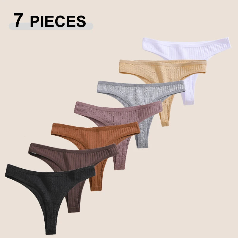 7Pcs Women’s Cotton Thong Set - Seamless Breathable Low Waist Bikini G-String Panties Sexy Lingerie S-XL