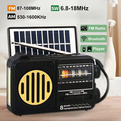 Portable Solar Emergency Radio – FM/AM/SW1-6 Multi-Band Receiver with Bluetooth Speaker, Flashlight, TF Card & USB MP3 Player Outdoor Survival Device