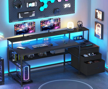 66" Computer Desk with LED Lights & Power Outlets – Home Office Desk with 3 Drawers, Storage Shelf & Gaming Desk
