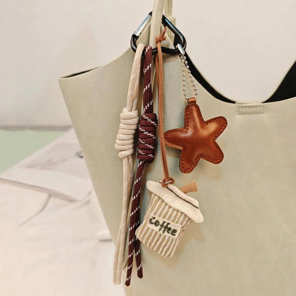 Kawaii Cartoon Linen Embroidery Coffee Bread Keychain - Cute Leather Heart Pendant Bag Charm Car Keychain Accessory