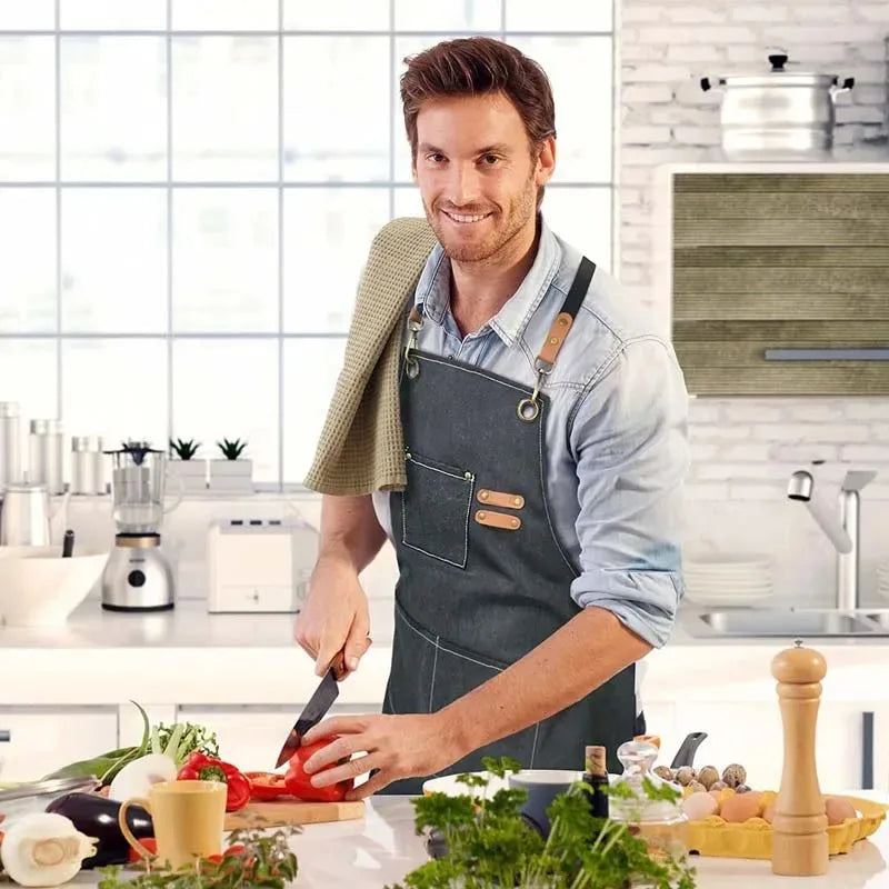 Household Canvas Apron – Oil-Proof Kitchen Cooking Apron with Tool Pockets for Men & Women