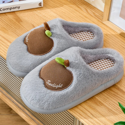 TZLDN Cartoon Plush Slippers – 3D Apple Faux Fur Indoor Slippers for Couples, Warm Winter Cotton Shoes for Women & Men
