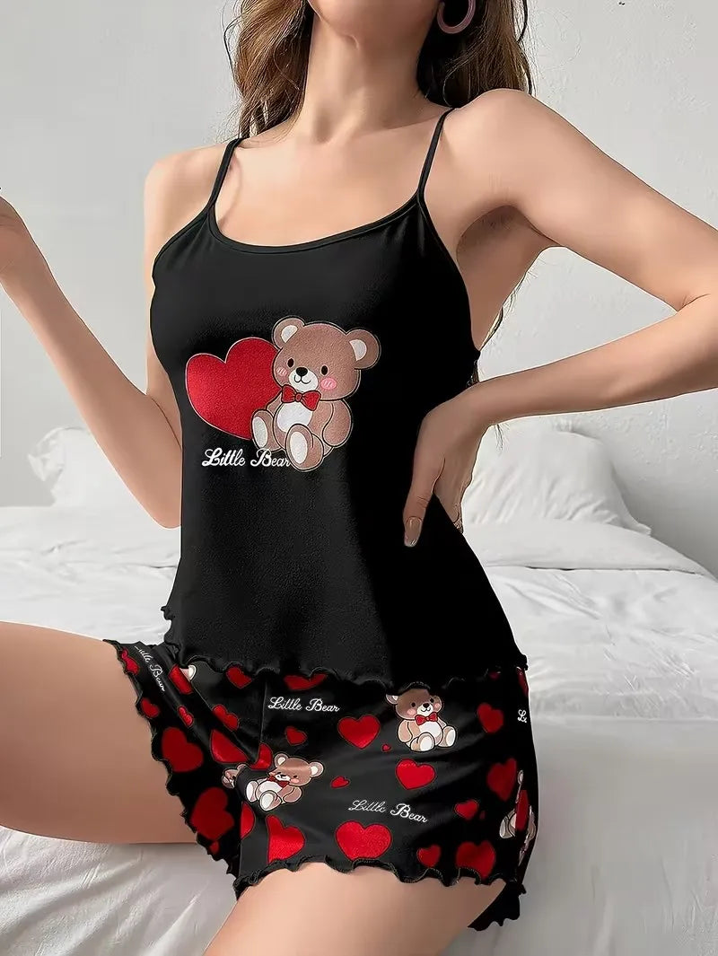 Cute Love Bear Pajama Set - Women's Heart Print Loungewear Top & Shorts Sleepwear