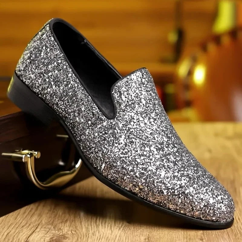 Men’s Luxury Sequin Loafers - Gold & Silver Formal Slip-On Wedding and Party Shoes