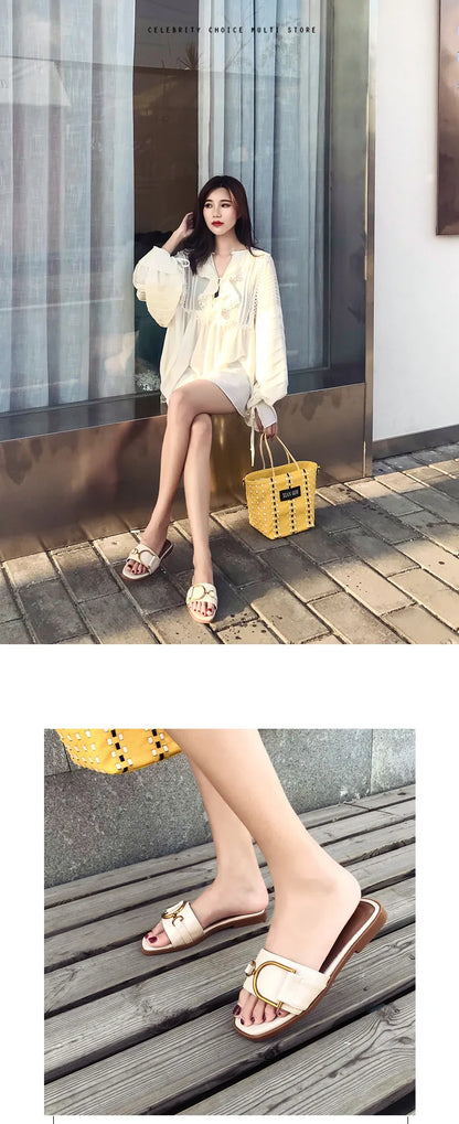 Women’s Flat Slippers — Summer Leather Square Toe Flats, Designer Slides & Luxury Sandals