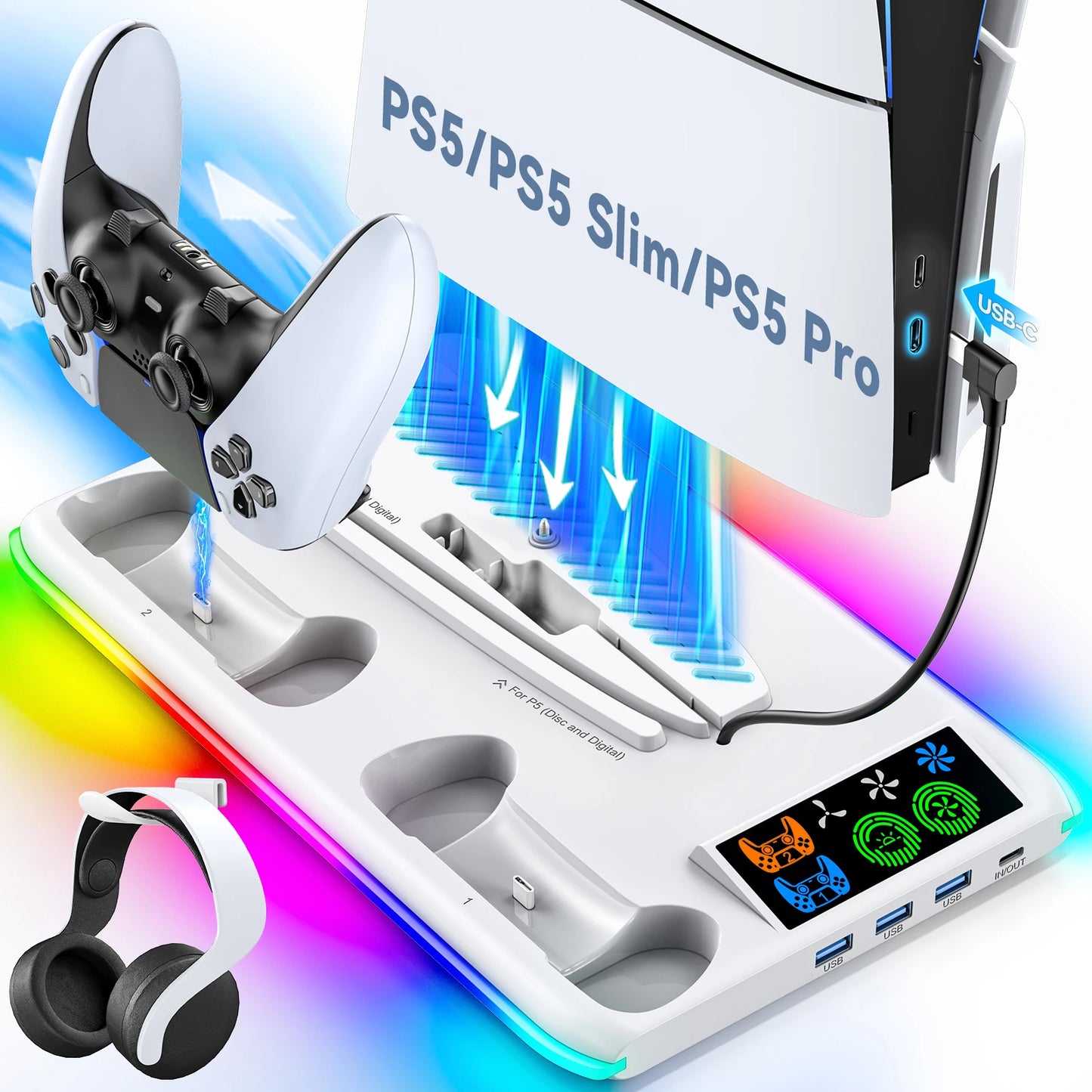 PS5/PS5 Slim/PS5 Pro Stand – Cooling Stand with Headphone Hook, Controller Charging Station & 3-Level Cooling Fan