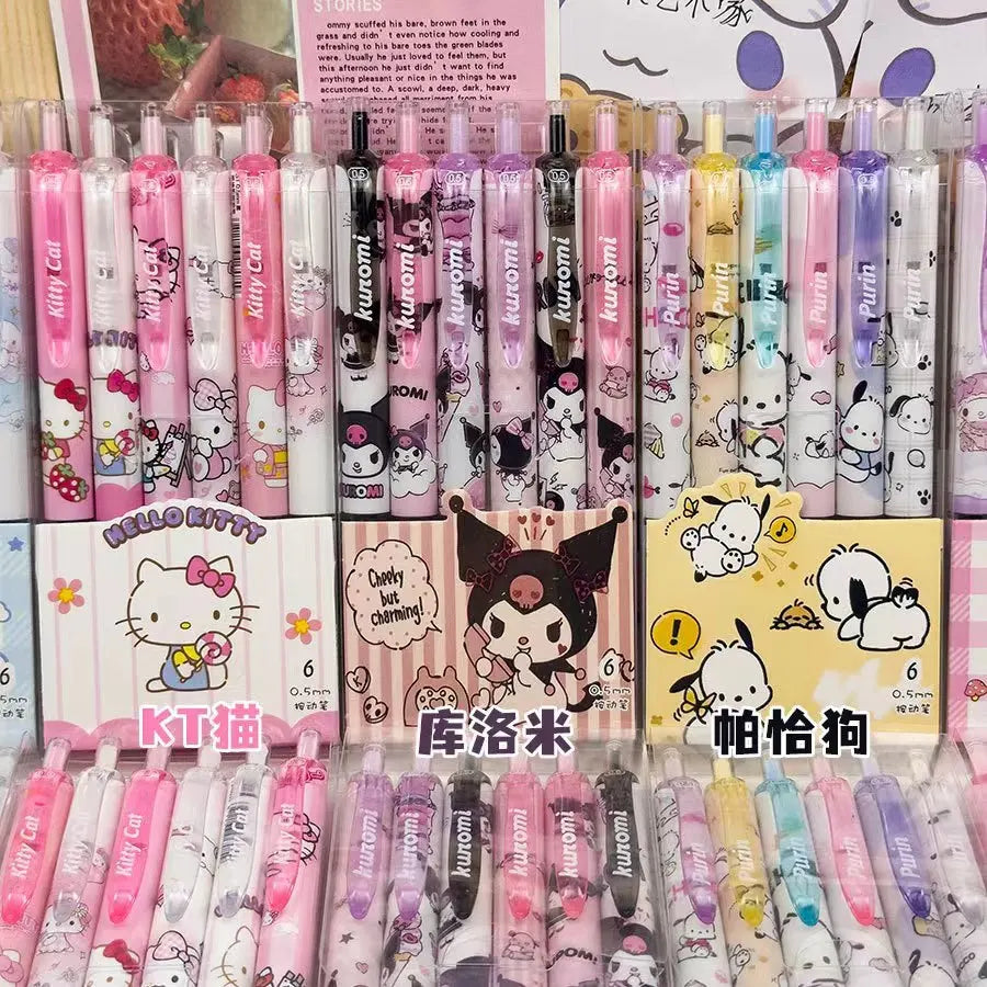 6PCS Cartoon Kuromi Gel Pens – Kawaii Hello Kitty, Cinnamoroll & Melody 0.5mm Quick-Drying School Stationery for Students