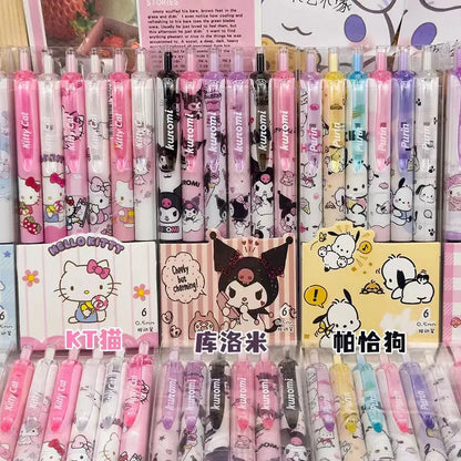 6PCS Cartoon Kuromi Gel Pens – Kawaii Hello Kitty, Cinnamoroll & Melody 0.5mm Quick-Drying School Stationery for Students
