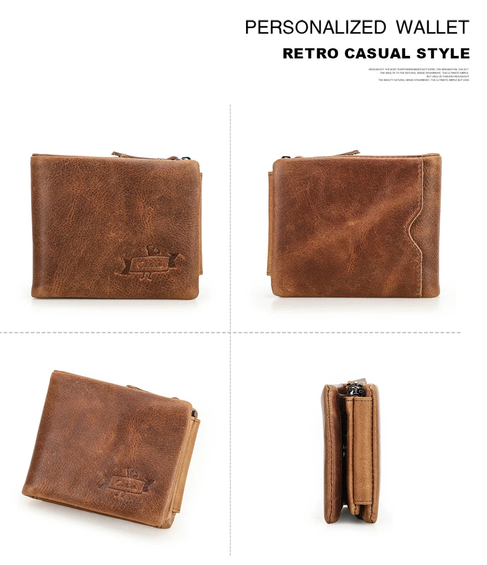 CONTACT'S Genuine Crazy Horse Leather Trifold Wallet – Vintage Men's Cowhide Wallet with Zip Coin Pocket