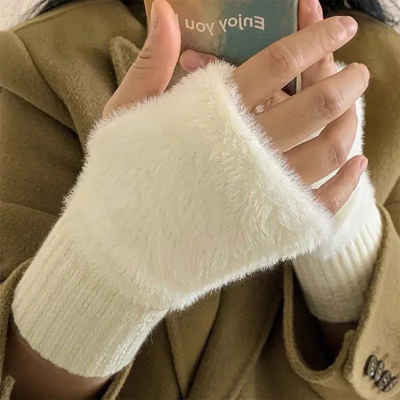 New Solid Color Plush Gloves for Women - Warm Luxury Woolen Knitted Touch Screen Half Finger Gloves for Autumn and Winter