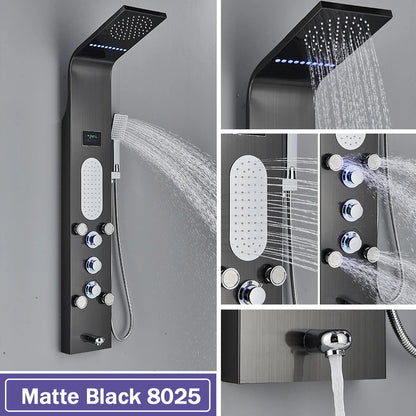 LED Waterfall Shower Panel System - Black In-Wall Rain Shower with Spa Massage Sprayer & Bidet Tap