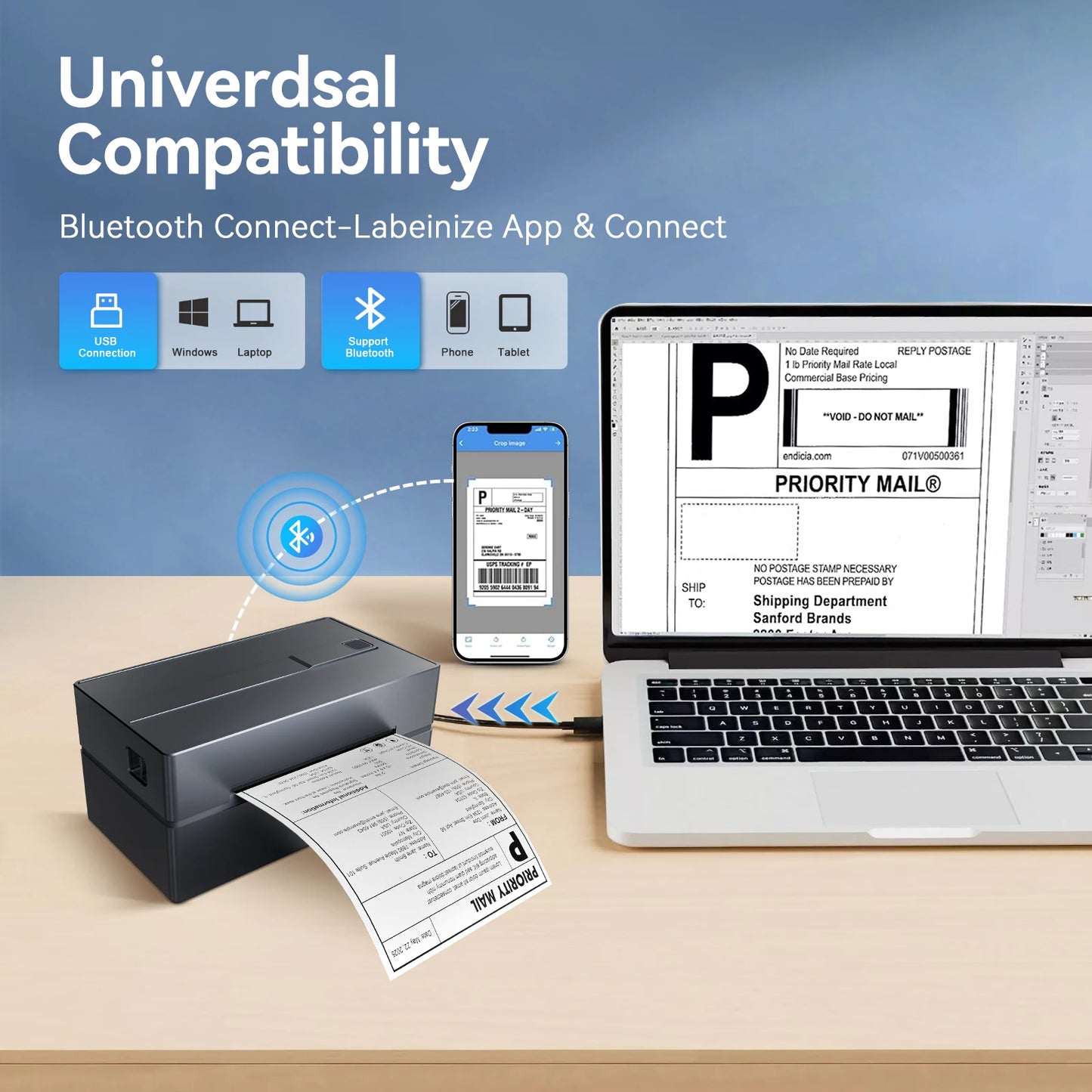 Portable 4x6 Thermal Label Printer - 203DPI Bluetooth USB No-Ink Shipping & Airway Bill Printer