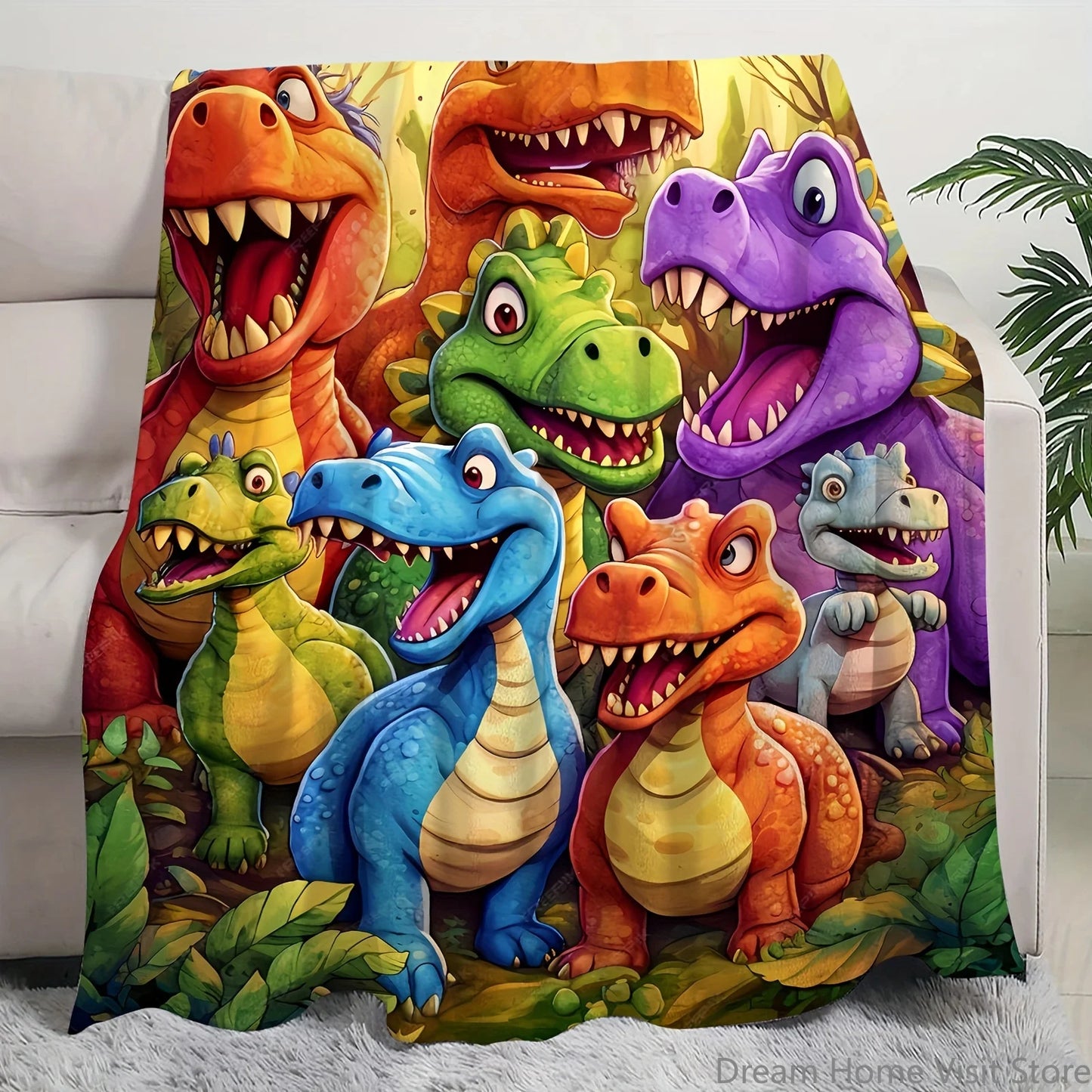 Flannel Throw Blanket – Cute Smiling Dinosaur HD Digital Print, Warm Blanket for Sofa, Bed, Office, Travel, and Camping
