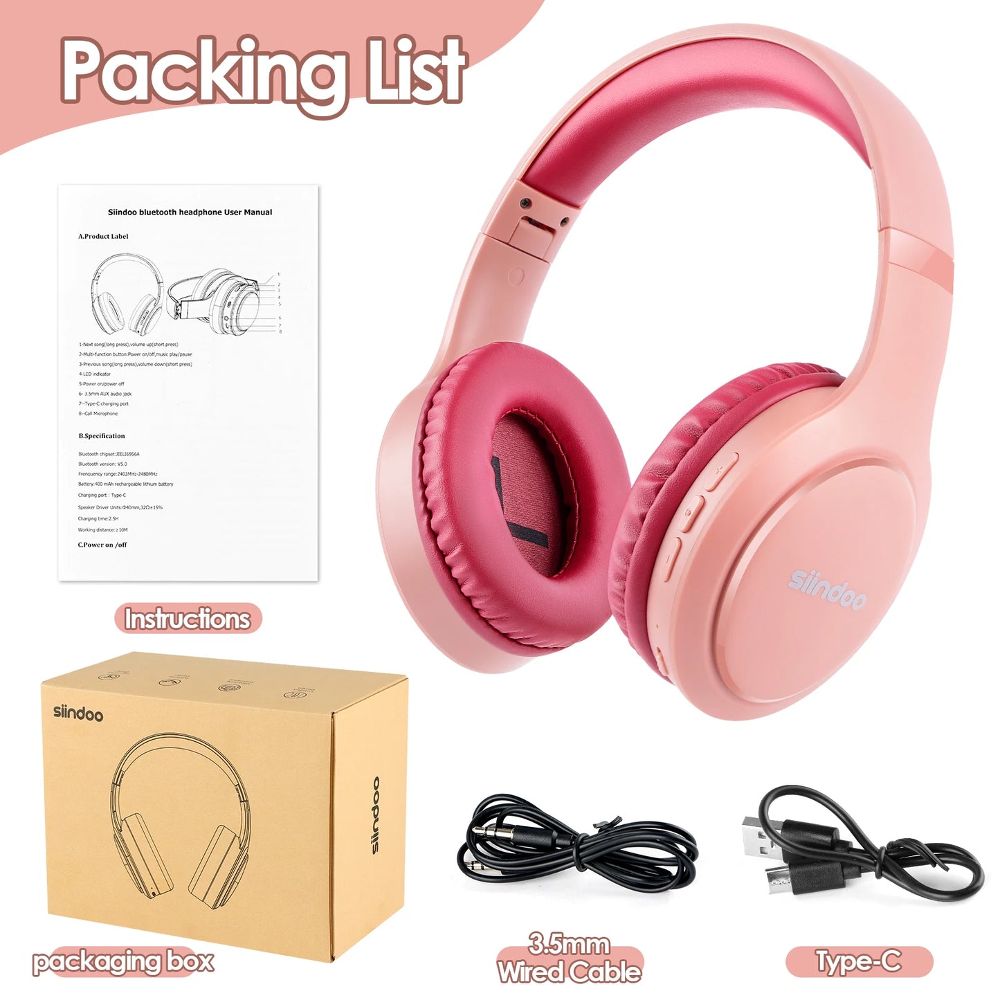 Siindoo JH-919 Foldable Wireless Headphones – Bluetooth Stereo Earphones with Mic & Super Bass, 4 Colors for iPhone, Laptop, PC