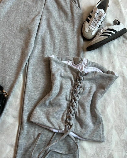 Y2K Light Gray Two-Piece Pants Set — Women’s Harajuku Goth Slim Tube Top & High-Waist Sweatpants