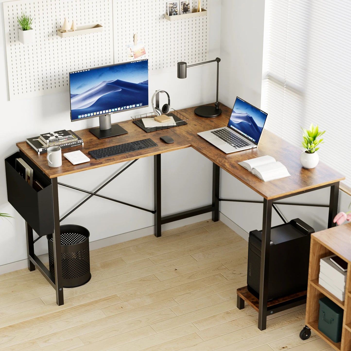 50-Inch Gaming Corner Desk – Wooden Office Writing Table with CPU Storage Shelf & Side Bag for Small Spaces