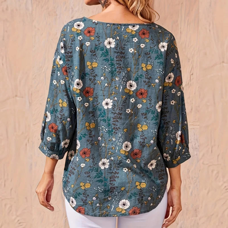 Plus Size Women's Floral Print Shirt - Loose Round Neck Lantern Sleeve Casual Office Top