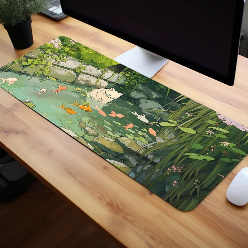 Cute Cartoon Cat Fish Mouse Pad – Large Green Anti-Slip Rubber Desk Mat, Perfect Gift for Women & Girlfriend