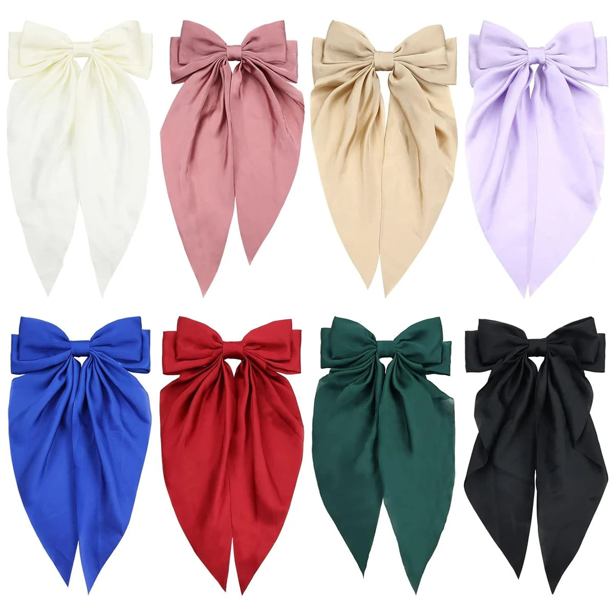8 Ladies Satin Ribbon Bow Hair Clips – Oversized White, Pink, Red, Blue, Black Long Tail, Spring Clip for Ponytail Hair Accessories