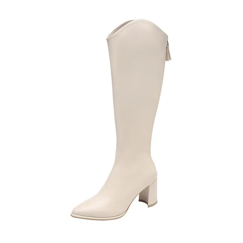 Plus Size 34-43 Women's Knee-High Boots – Zipper Thick High Heels for Autumn & Winter