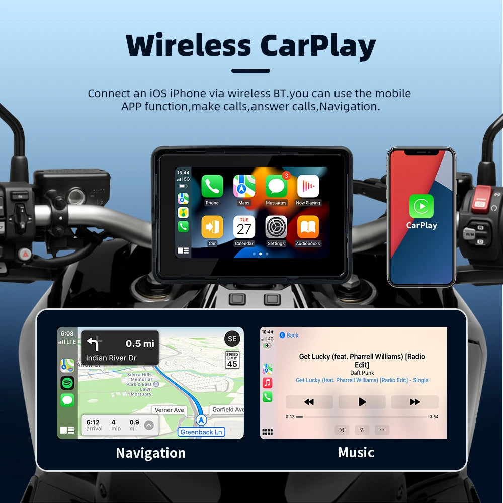 EKIY 5" Portable Motorcycle GPS Navigation Display – Digital Dashboard with Wireless CarPlay & Android Auto