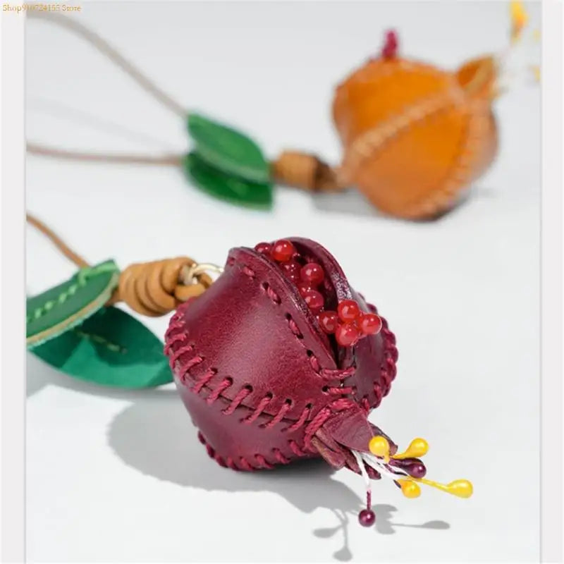 76HE Sturdy Leather Pomegranate Pendant – Fashionable Colorful Bag Charm & Keychain, Unique Handmade Accessory for Personalized Style