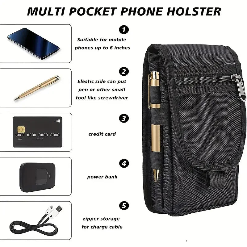 Versatile Flip Phone Bag: 3-Compartment Men's Belt Loop Pouch for Casual Use - Large Capacity Wallet & Pen Insertion