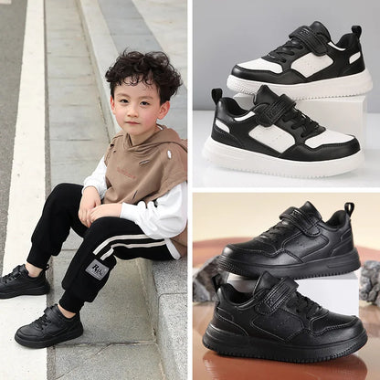 Children’s Black Leather Sneakers – Non-Slip Casual Flat Walking Shoes for Boys & Girls, Lightweight Student Sports Footwear