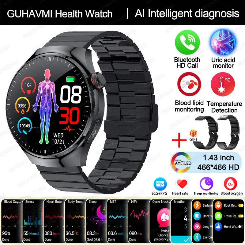 2025 Nursing-Grade Smartwatch — Blood Oxygen, Lipid, Uric Acid, ECG+PPG, Body Temperature & Bluetooth Call Health Tracker