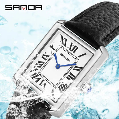 SANDA Couple Watch – 30M Waterproof, Casual Fashion, Quartz with Wear-Resistant Leather Strap, Square Dial Design