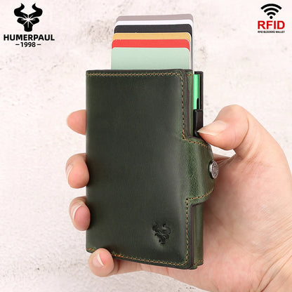 HUMERPAUL Men’s Pop-Up Card Holder – Crazy Horse Leather RFID Blocking Slim Wallet with Money Pocket & Metal Bank Card Case