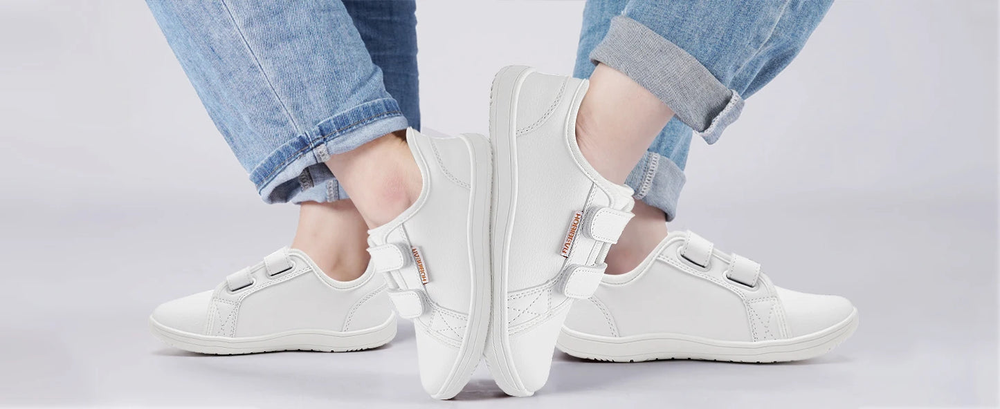 HOBIBEAR Wide-Toe Family Sneakers — Barefoot Minimalist Lace-Up Casual Walking Shoes with Hook & Loop Faux Leather